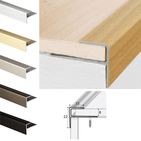 Push-In Anodised Aluminium Stair Nosing Edge Trim, Laminate or Wood Floors